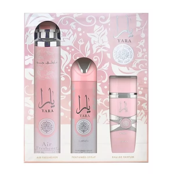 Lattafa Yara zestaw woda perfumowana spray 100ml + dezodorant spray 200ml + odświeżacz powietrza 300ml (W)