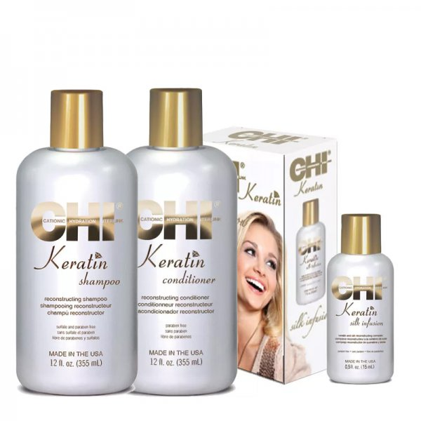 CHI Keratin, zestaw odbudowujący do włosów zniszczonych, szampon + odżywka + jedwab