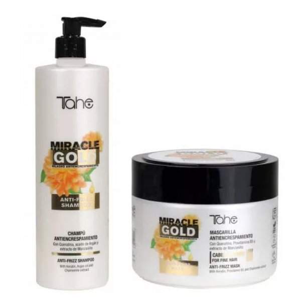 Tahe Miracle Gold, zestaw wygładzający do włosów puszących się, szampon + maska