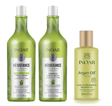 INOAR, zestaw do włosów osłabionych, Resistance Bambu szampon 1000 ml+ odżywka 1000ml + olejek Argan Oil 60ml