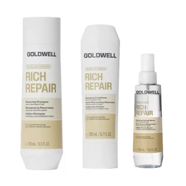 Goldwell Dualsenses Rich Repair, zestaw odbudowujący, szampon + odżywka + serum w sprayu, 250ml + 200ml + 150ml