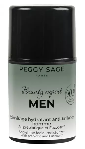 Peggy Sage Beauty Expert Men, nawilżający lotion do twarzy przeciw błyszczeniu dla mężczyzn z prebiotykami i Fucocert®, 50ml