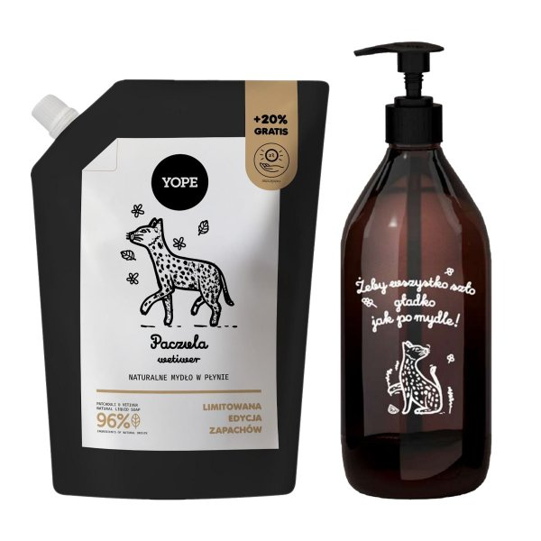 Yope, zestaw mydło w płynie 600ml refill + szklana butelka, paczula wetiwer