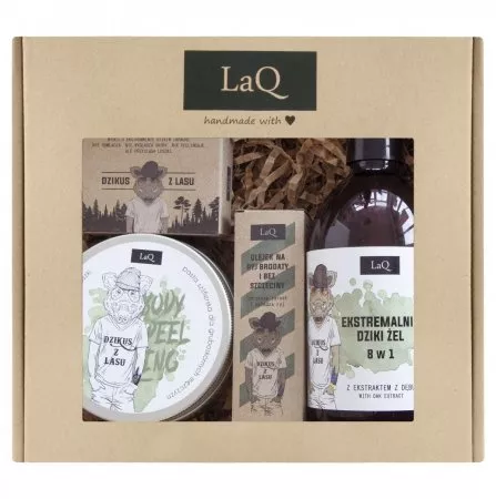 LaQ, Zestaw: Dzikus z Lasu - żel pod prysznic, peeling, mydło i olejek do mycia twarzy