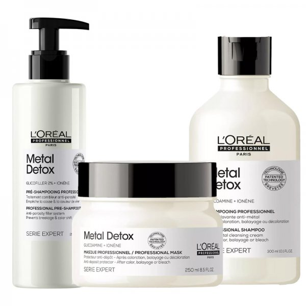 Loreal Metal Detox, zestaw regenerujący włosy farbowane, pre-szampon + szampon + maska