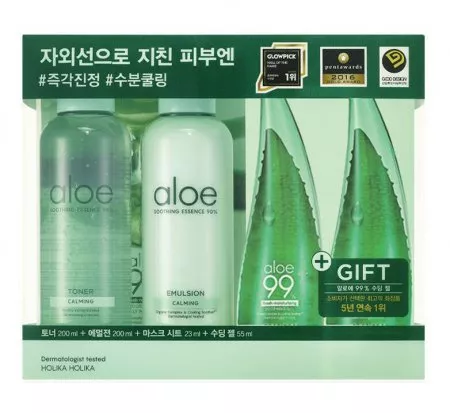Holika Holika Aloe, zestaw do pielęgnacji twarzy: emulsja + tonik + żel aloesowy + maseczka