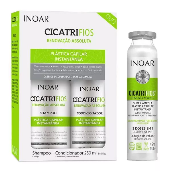INOAR Cicatrifios, zestaw do włosów zniszczonych, szampon 250ml + odżywka 250ml + kuracja 45ml