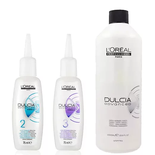 Loreal Dulcia Advanced, zestaw do trwałej ondulacji, płyny 2 + 3 2x75ml + utrwalacz 1000ml