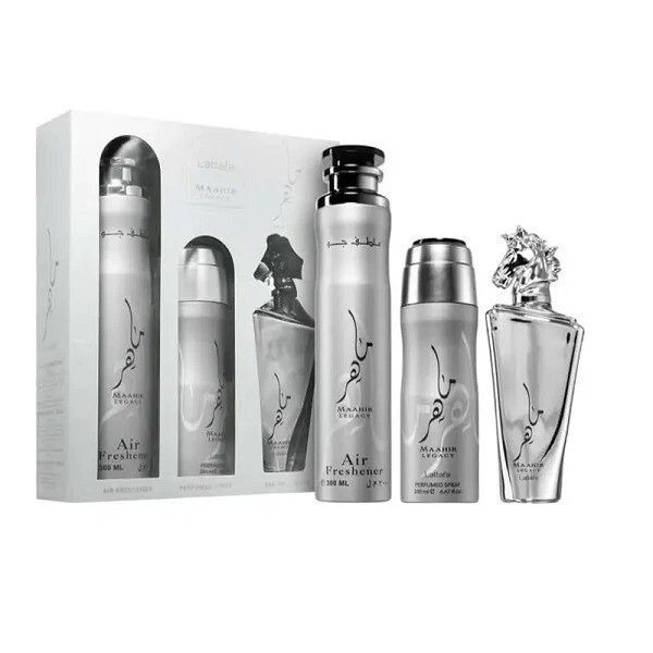 Lattafa Maahir Legacy zestaw woda perfumowana spray 100ml + dezodorant spray 200ml + odświeżacz powietrza 300ml (M)