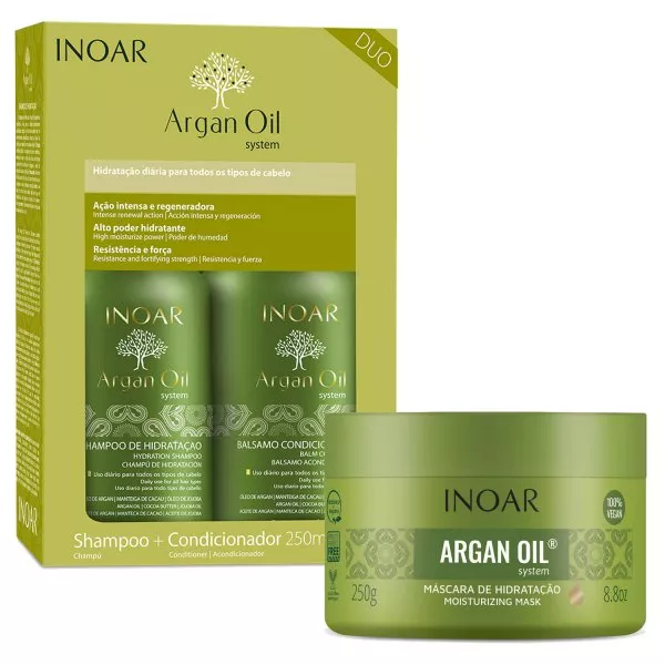 INOAR Argan Oil, zestaw wygładzający z olejkiem arganowym, szampon + odżywka + maska, 3x250ml