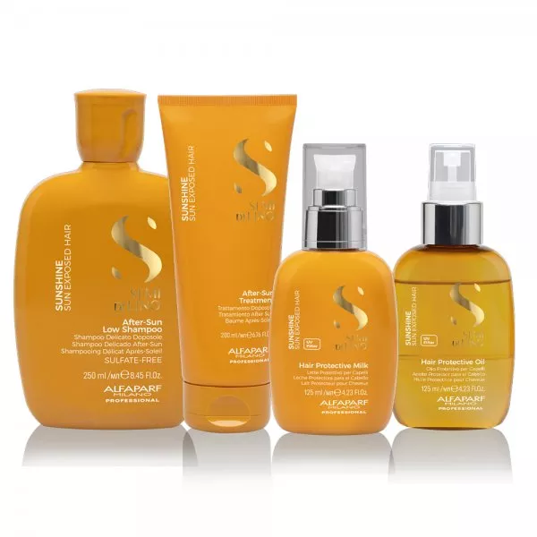 Alfaparf Milano Semi di Lino Sunshine, zestaw do włosów po ekspozycji na słońce, ochrona UV, szampon + kuracja + mleczko + olejek
