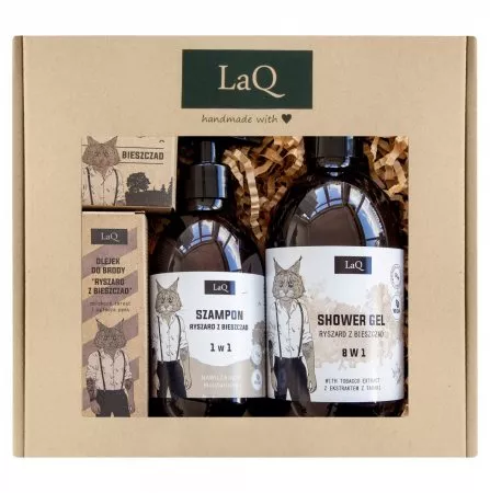 LaQ, Zestaw: Ryszard z Bieszczad - żel pod prysznic, szampon, olejek po goleniu oraz do brody i mydło w kostce