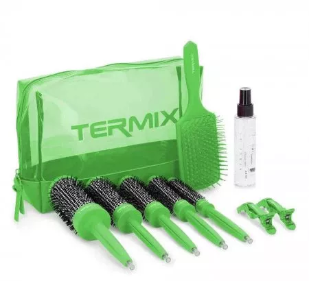 Termix, zestaw 5 zielonych szczotek i akcesoriów + spray Silky 200ml