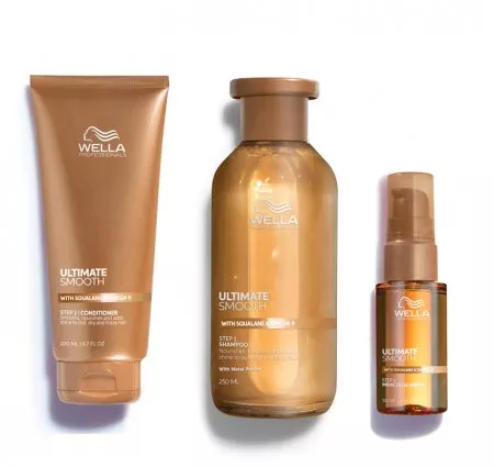 Wella Ultimate Smooth, zestaw wygładzający włosy, szampon + odżywka + serum, 250ml + 200ml + 30ml