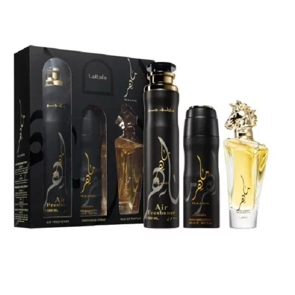 Lattafa Maahir zestaw woda perfumowana spray 100ml + dezodorant spray 200ml + odświeżacz powietrza 300ml (U)