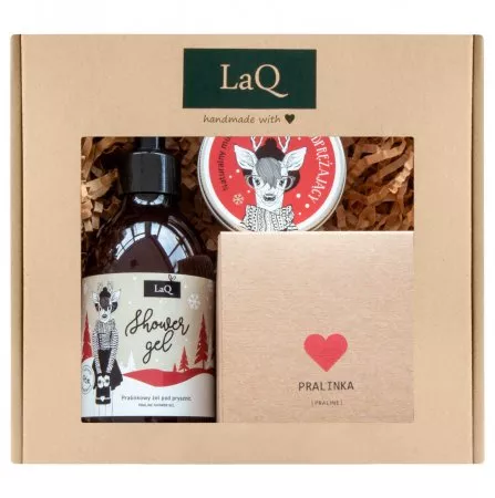 LaQ, Zestaw: Pralinka - żel pod prysznic, masło do ciała i mus do twarzy