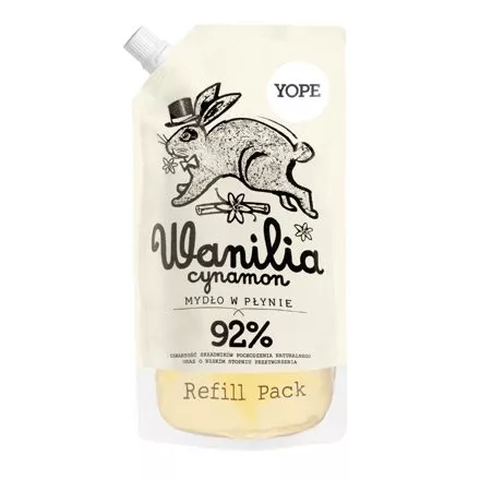 Yope, naturalne mydło w płynie, wanilia i cynamon, refill pack, 500ml