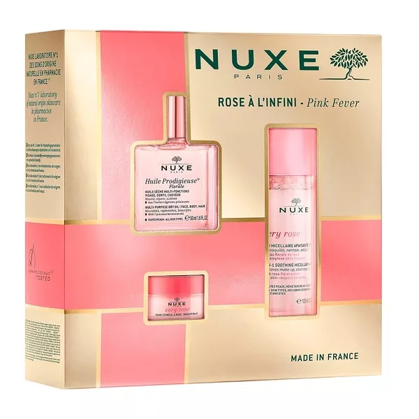 Nuxe Rose A L\'infini Pink Fever zestaw łagodząca woda micelarna 3w1 100ml + różany balsam do ust 15g + suchy olejek regenerujący 50ml