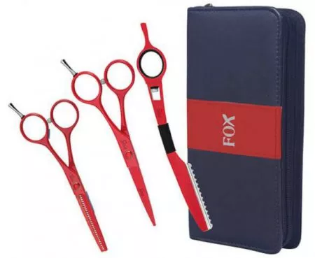 Fox Color, zestaw fryzjerski, nożyczki 5.5", degażówki 5.5", nóż chiński, etui, czerwony