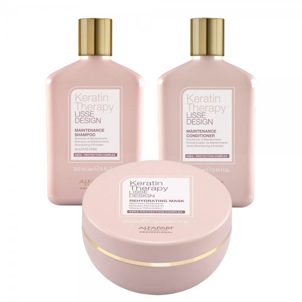 Alfaparf Milano Keratin Therapy Lisse Design, zestaw do włosów po keratynowych prostowaniu włosów, szampon + odżywka + balsam