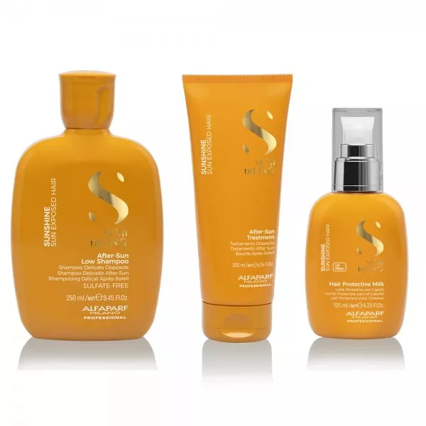Alfaparf Milano Semi di Lino Sunshine, zestaw do włosów po ekspozycji na słońce, ochrona UV, szampon + kuracja + mleczko