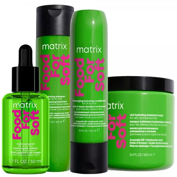 Matrix Food For Soft, zestaw intensywnie nawilżający: szampon + odżywka + olejek + maska | Hairstore – dla włosów i urody