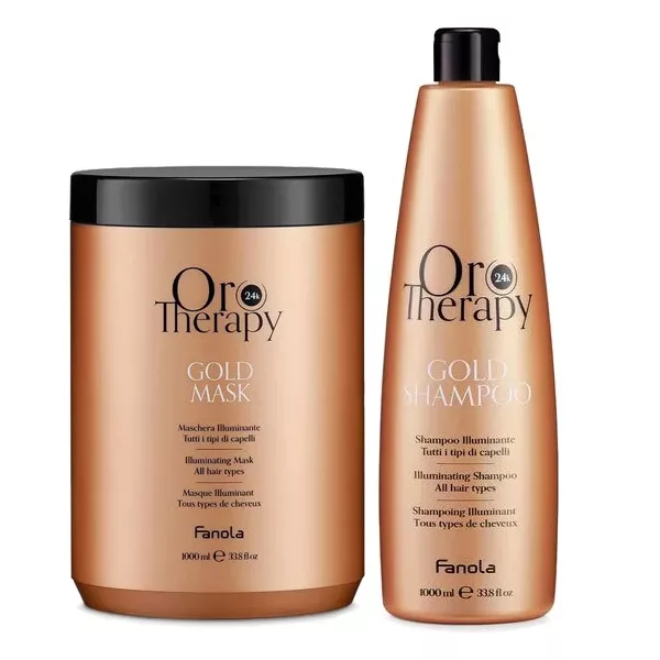 Fanola Oro 24k Therapy, zestaw XL rozświetlający do włosów matowych, szampon + maska, 2x1000ml