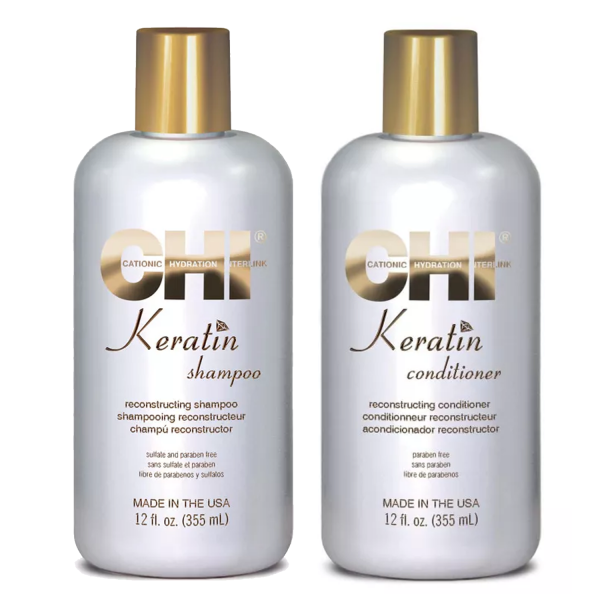 CHI Keratin, zestaw odbudowujący do włosów zniszczonych, szampon + odżywka