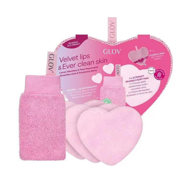 Glov Velvet Lips &amp; Ever Clear Skin zestaw rękawica do peelingu ust + wielorazowe płatki kosmetyczne w kształcie serca