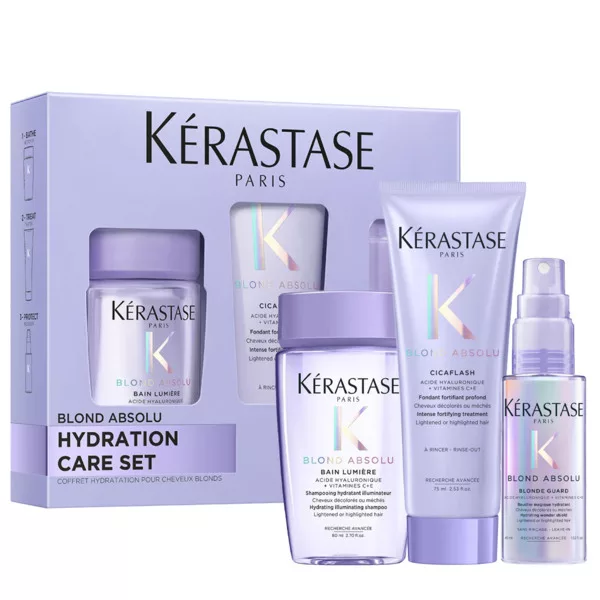 Kerastase Blond Absolu Trio, zestaw prezentowy do włosów blond, kąpiel 80ml + odżywka 75ml + spray blond guard 45ml
