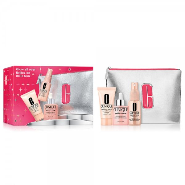 Clinique Glow All Over zestaw aktywne serum zapewniające blask 30ml + maseczka intensywnie nawilżająca 30ml + mgiełka do twarzy 30ml + kosmetyczka