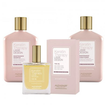 Alfaparf Milano Keratin Therapy Lisse Design, zestaw do włosów po keratynowych prostowaniu włosów, szampon + odżywka + olejek + serum